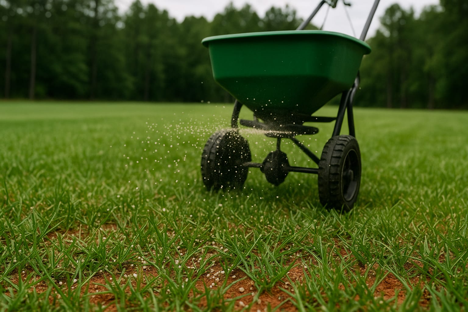 Granular grub control being spread across a lawn