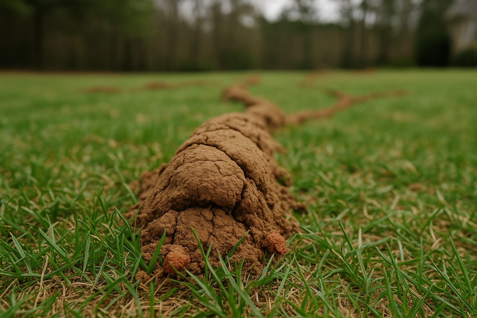 Raised mole ridges crossing a north Georgia lawn